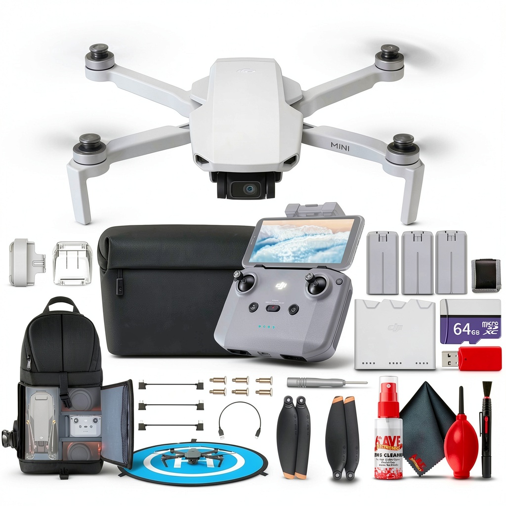 DJI Mini 4K drone in folded position with accessories