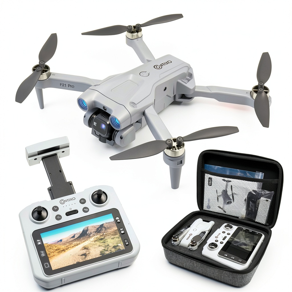 Contixo F21 Lumo Pro Mini FPV Drone flying outdoors with screen display
