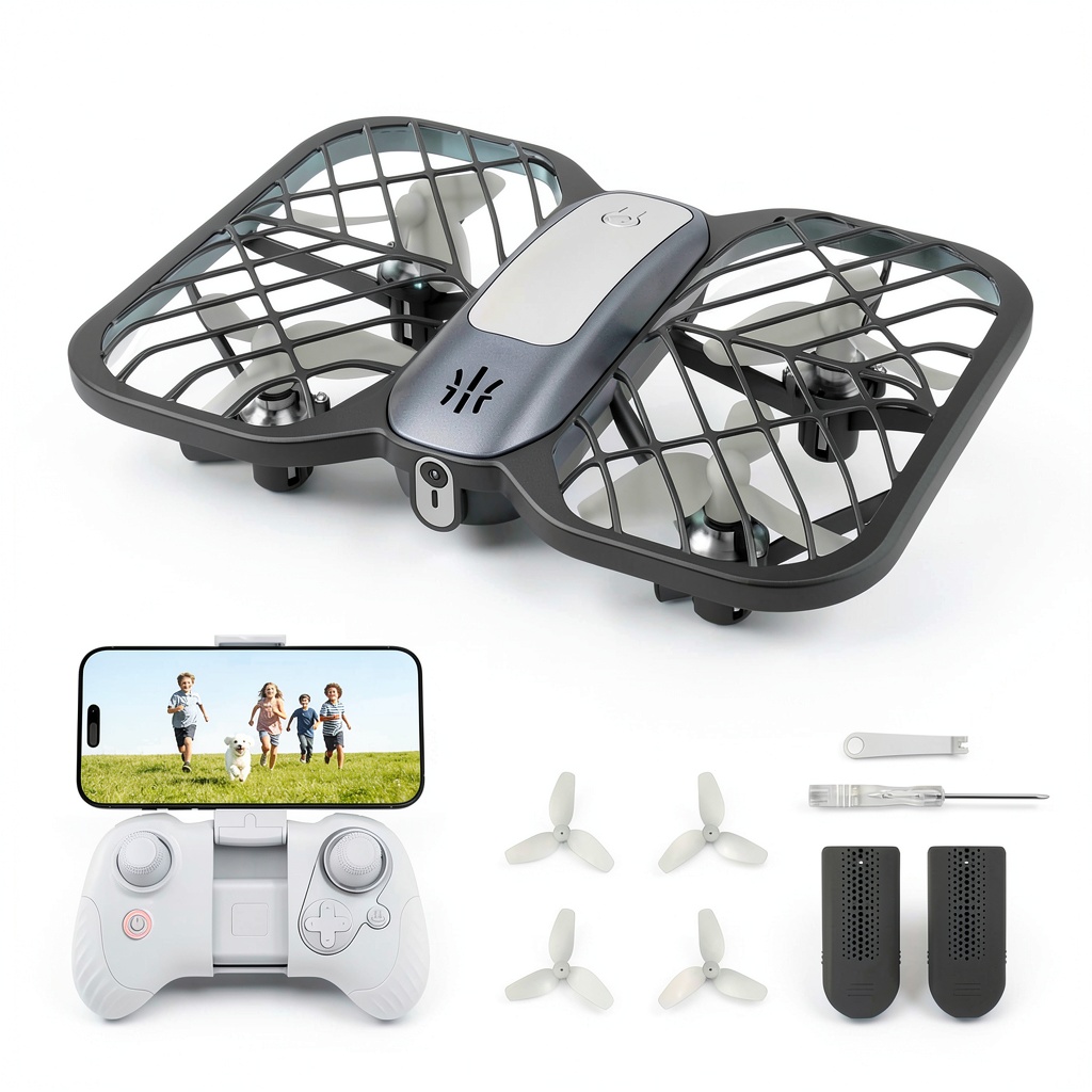 URANHUB mini drone in flight with colorful lights activated